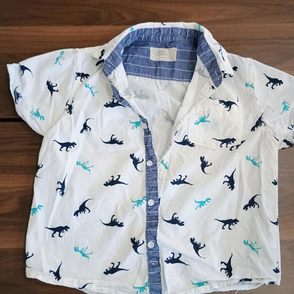 Dinosaur Print Kids Shirt - White and Blue - Picture 1 of 4